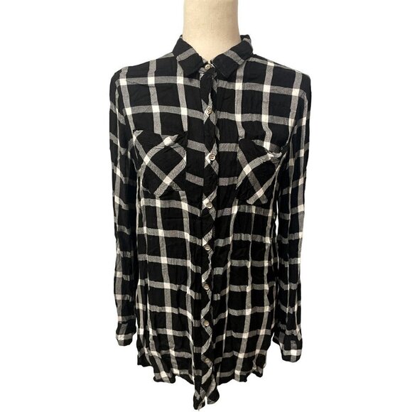SANDRA INGRISH Button Down Top Black/White Plaid Sz M EUC - Picture 1 of 4